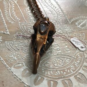 Copper Plated Bird Skull & Moonstone Pendant Necklace